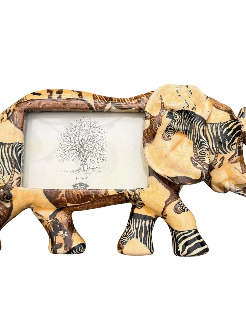 LaVie Ceramic Safari Elephant Picture Frame Zebra Print 3.5x5 Photo Holder 12.5”